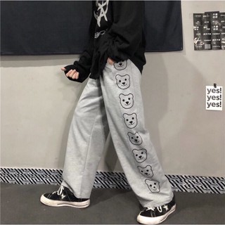 Quần nỉ nam unisex ống rộng in hình gấu dài 105cm hack dáng | QN05