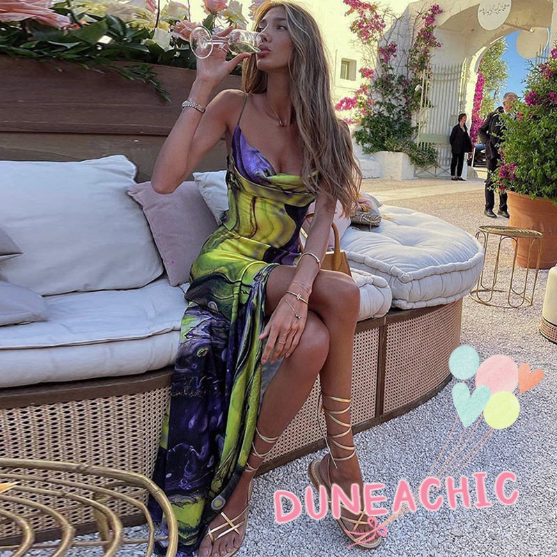 DUNEA Đầm hai dây xẻ tà in họa tiết thời trang cho nữ
