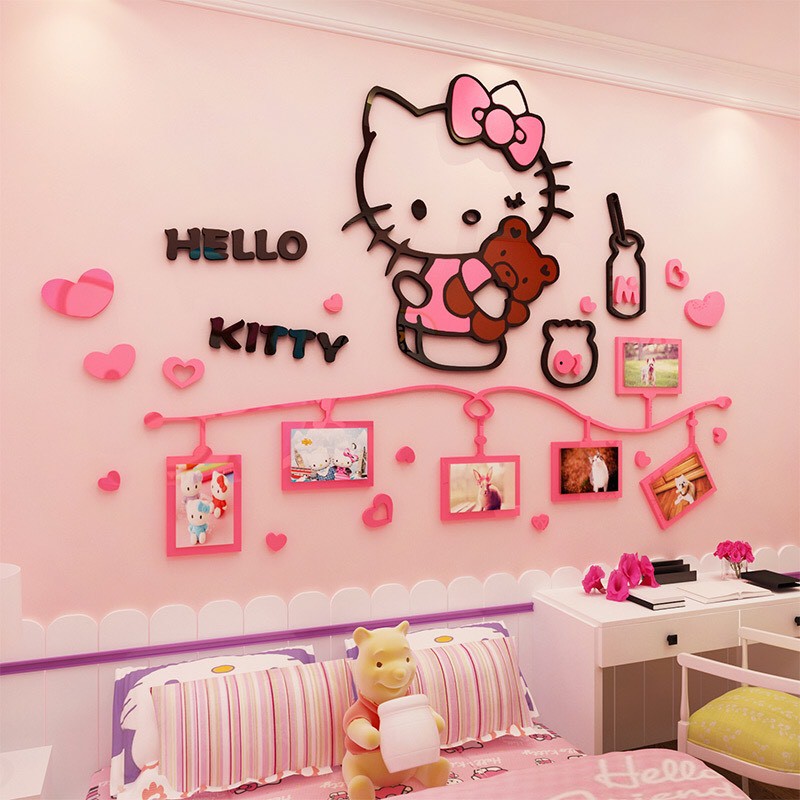 Tranh dán tường mica 3d kitty khung ảnh trang trí mầm non, trang trí khu vui chơi trẻ em