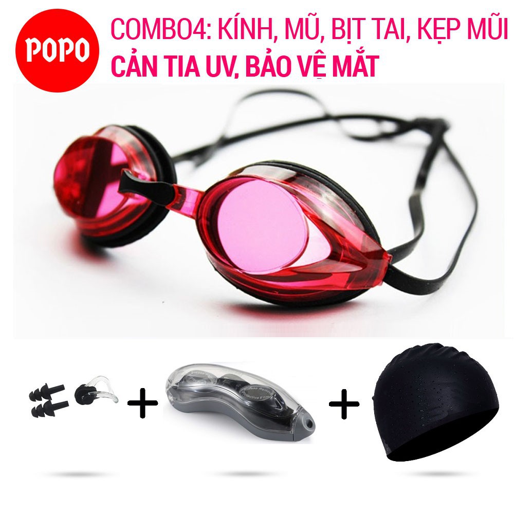 Combo Kính bơi chuyên nghiệp POPO 1154 Mũ trơn Bịt tai kẹp mũi, Mắt kình trong chống tia UV Hạn chế sương mờ