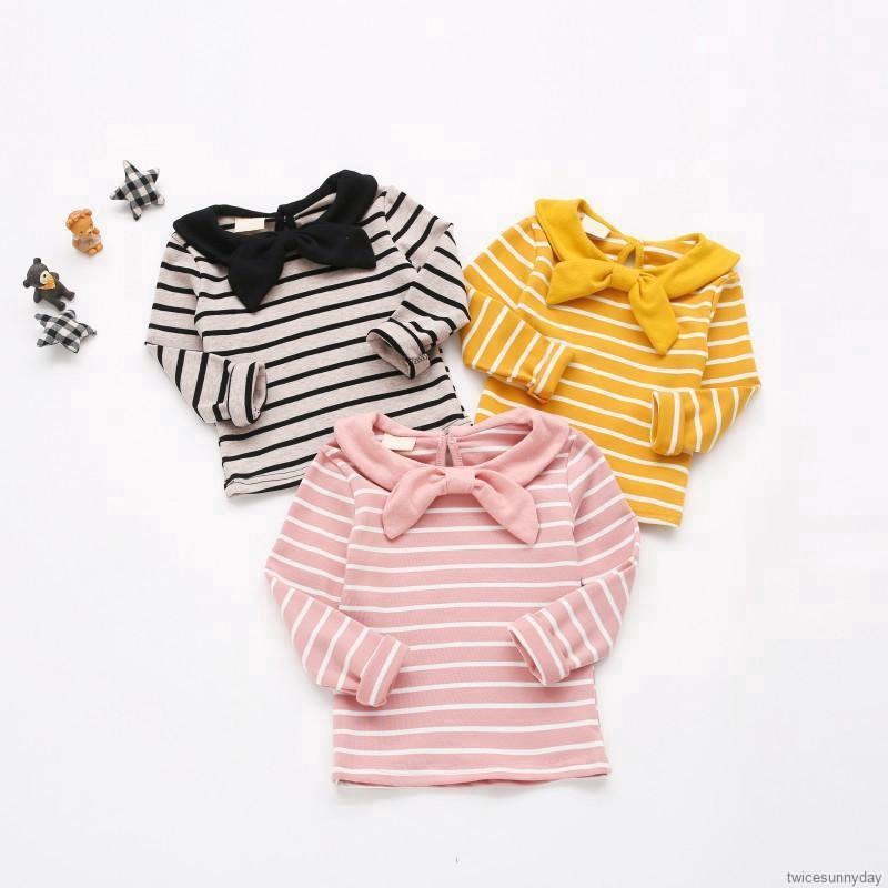 Áo tay dài họa tiết sọc ngang phối nơ cổ áo xinh xắn cho bé gái