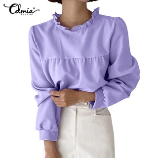 Áo kiểu CELMIA tay dài phồng cổ tròn viền xếp nếp thiết kế tinh tế thời trang dành cho nữ
