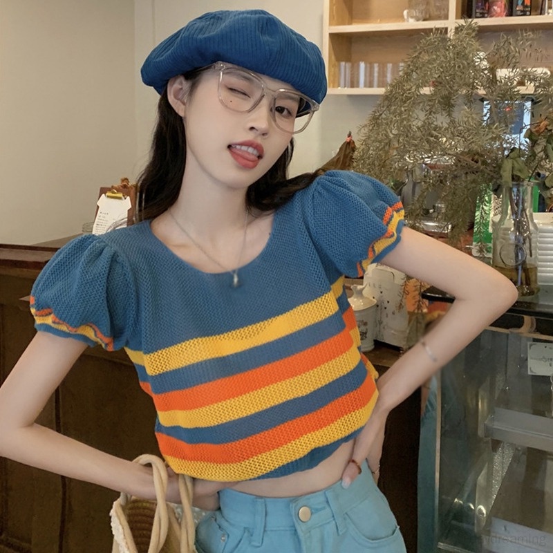 Áo Thun Dệt Kim Ngắn Tay Khoét Lỗ Màu Sắc Tương Phản Thời Trang Mùa Hè Cho Nữ