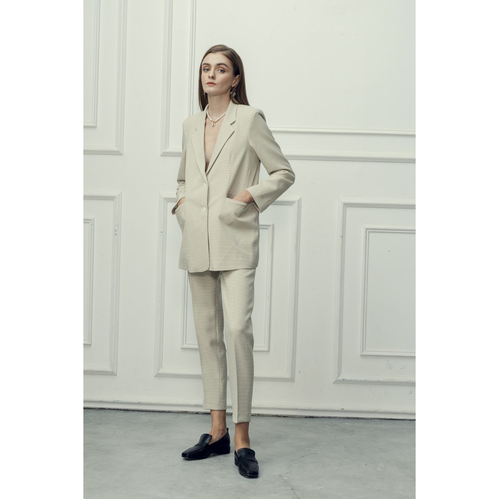 Set Suit 2 Khuy ONMIX (Blazer + Quần Ống Suông) - Kẻ Be -Vải Tuytsi Hàn