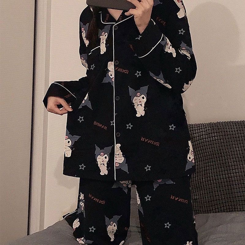 Bộ Đồ Ngủ Tay Dài In Hoạt Hình Kuromi Xinh Xắn Cho Nữ