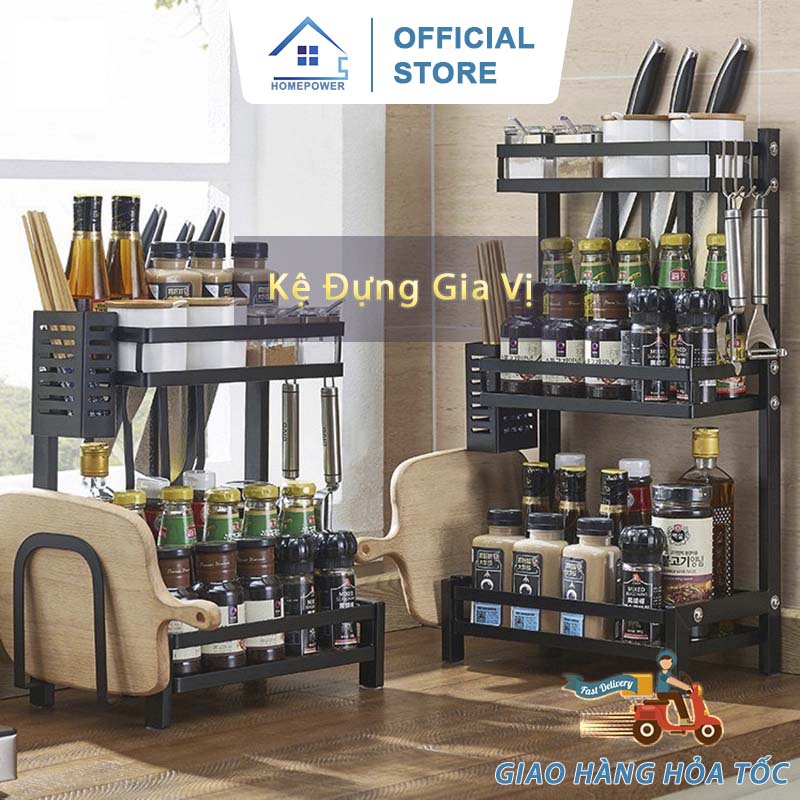 Kệ Để Gia Vị Nhà Bếp Đa Năng 4 Chân Đứng INOX 201 Sơn Tĩnh Điện Đen Cao Cấp - Đầy đủ phụ kiện đi kèm như hình