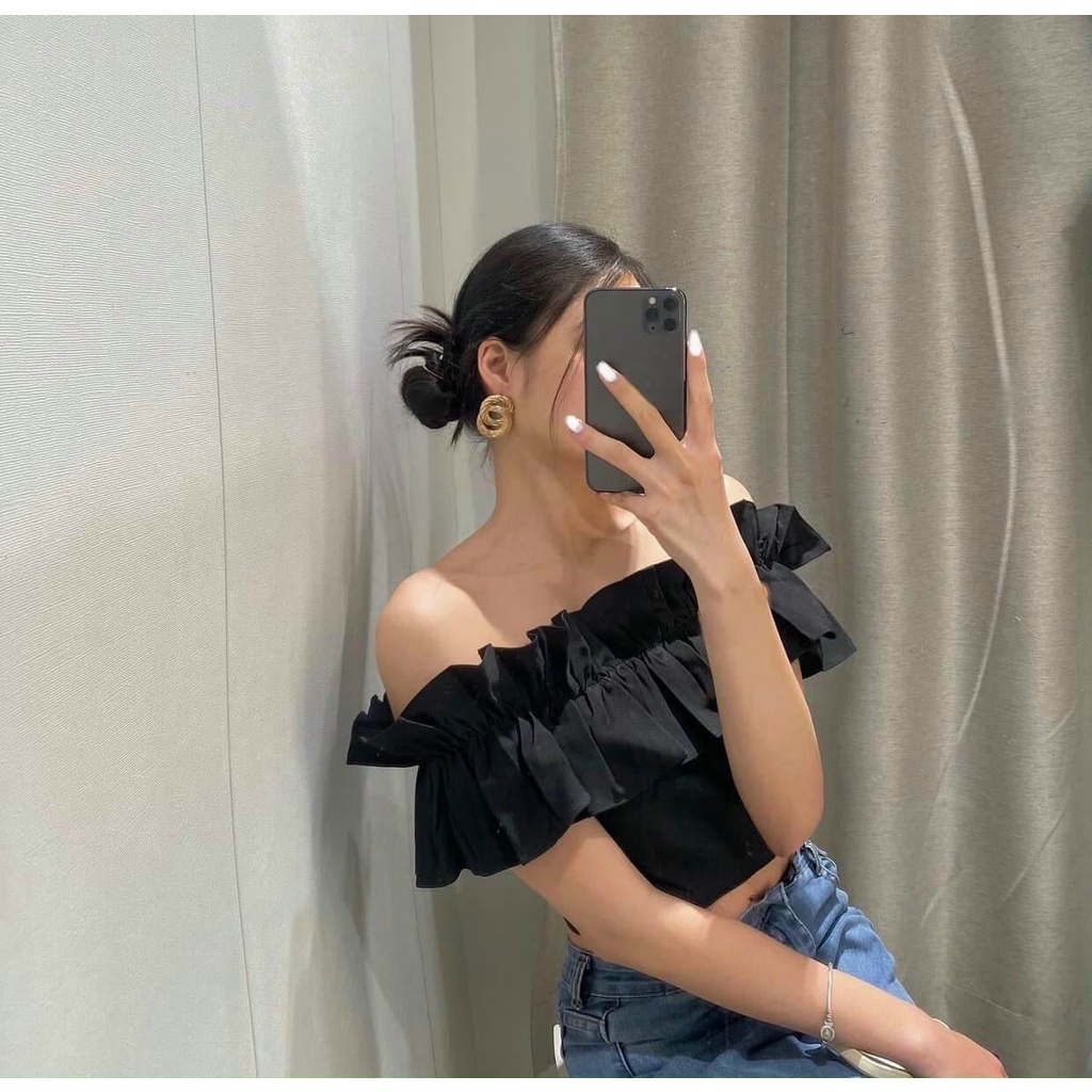 Áo trễ vai nữ ngắn tay, áo croptop trễ vai bèo NPAO027