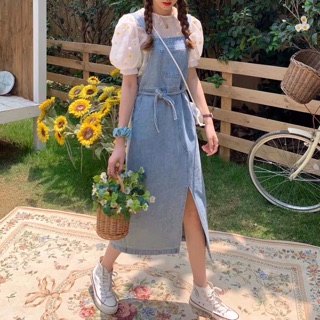 ( Hàng Sẵn) Yếm Jean Nữ Chất Bò Form Dài Phối Túi Lớn Trước Ngực Hàng Quảng Châu Cao Cấp