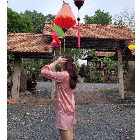 sét bộ áo sơ mi túi hộp mix quần short hồng