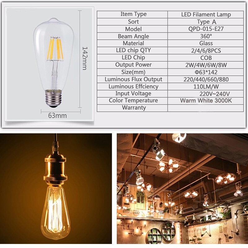 Led Bóng Đèn Dây Tóc E27 E14 bóng đèn rõ ràng ST64 Edison 2W 4W 6W 8W Phong Cách Retro Trắng Ấm áp để trang trí 110V 220V