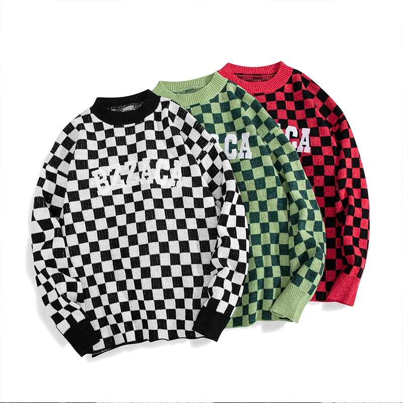 áo len nam nữ form rộng caro cổ tròn Dáng Rộng Phong Cách Hàn Quốc Thời Trang Thu Đông Dành Cho Nam Áo Sweater áo len đen
