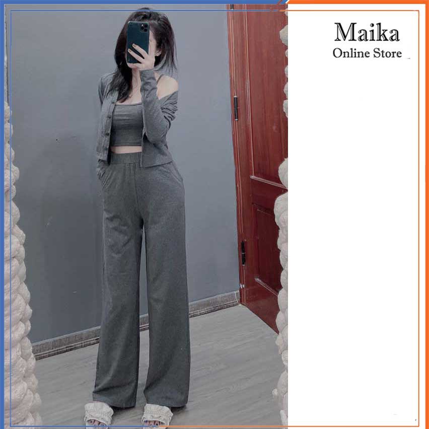 H.A.N STORE  H.A.N STORE Set bộ nữ 3 món len tăm đồ bộ nữ áo khoác ngoài mix áo hai dây + quần ống rộng suông thụng