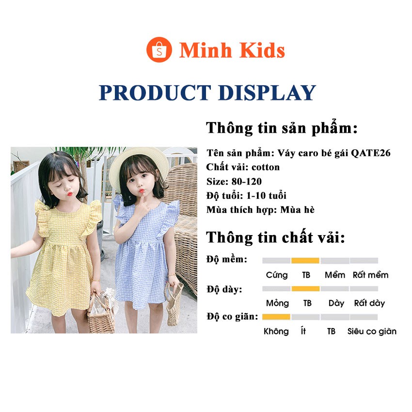 Váy, đầm bé gái mùa hè chất cotton tiểu thư hoạ tiết CARO thoáng mát dễ thương QATE26