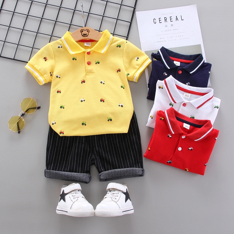 Bộ quần áo cotton với áo ngắn tay và quần đùi họa tiết hoạt hình đáng yêu cho bé trai từ 0-5 tuổi