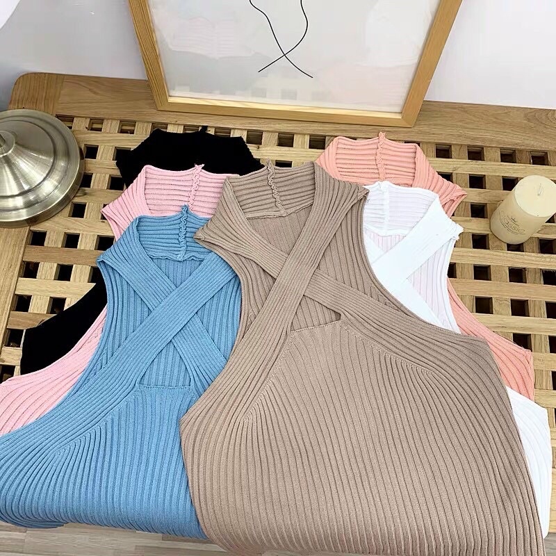 Áo len nữ dệt kim dây chéo ngực sexy hàng Quảng Châu