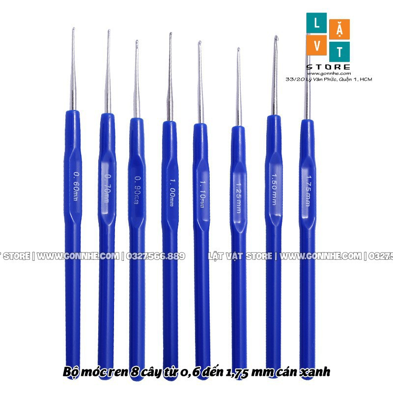 Bộ dung cụ 8 cây Móc Ren, Móc len cán màu xanh từ 0,6 đến 1,75 mm - Crochet Hook bằng thép không gĩ handmade DIY