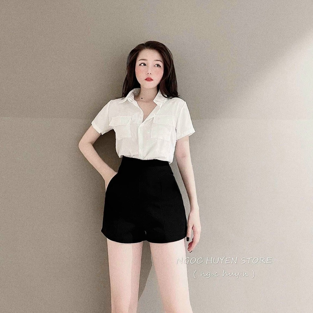 Áo sơ mi tay ngắn phối 2 nắp túi ngực trơn cực xinh , chất kate lụa mềm mịn