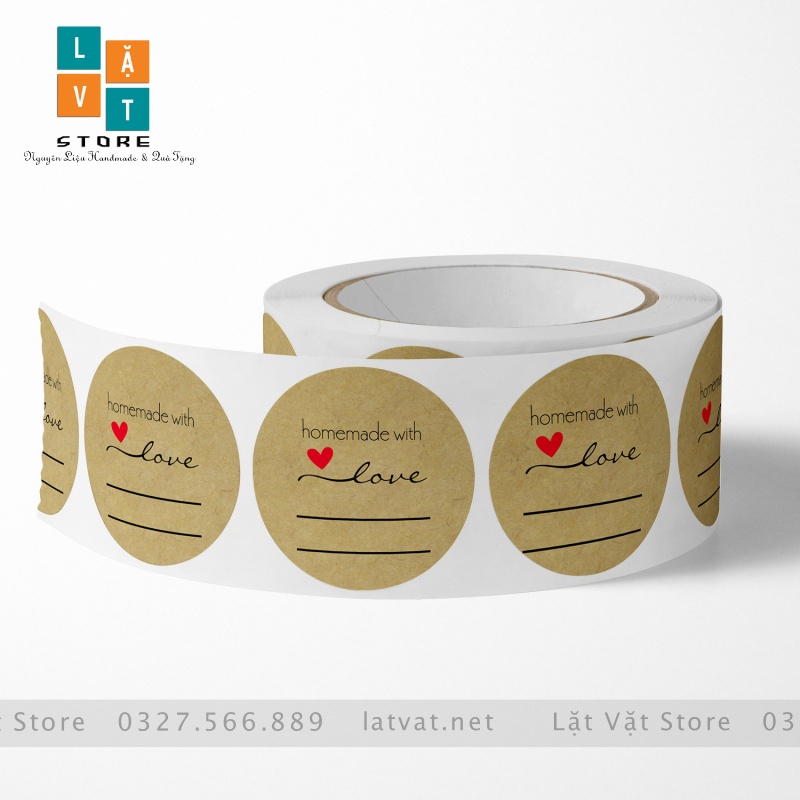 Tem tròn decal Handmade With Love có dòng để ghi chú cho khách, cảm ơn tri ân khách hàng, cảm ơn khách yêu.