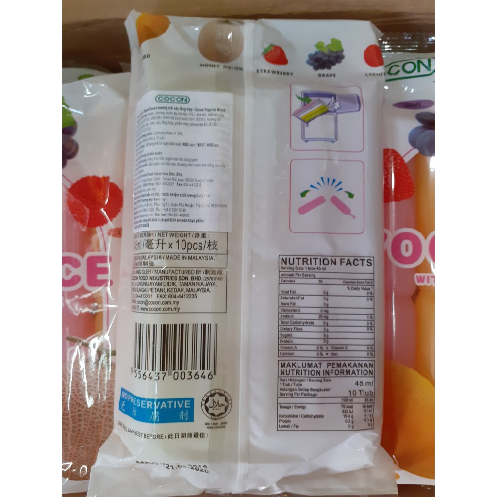 Thạch kem đá trái cây COCON -malaysia, bịch 10 cây-450ml,hsd:2/2024