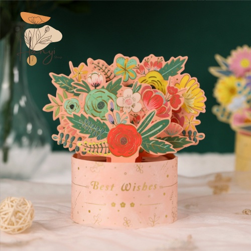 Thiệp 3D hình giỏ hoa sáng tạo kèm phong bì, quà tặng các dịp lễ, ngày đặc biệt, sinh nhật, trang trí