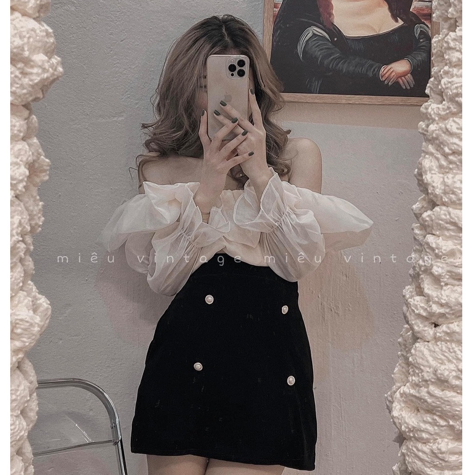 Set áo bèo tơ nhũ trễ vai mix chân váy LD130