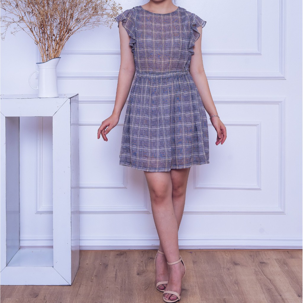Đầm nữ cánh dơi, họa tiết kẻ caro, dáng xòe, thiết kế cao cấp TKFASHION DK531
