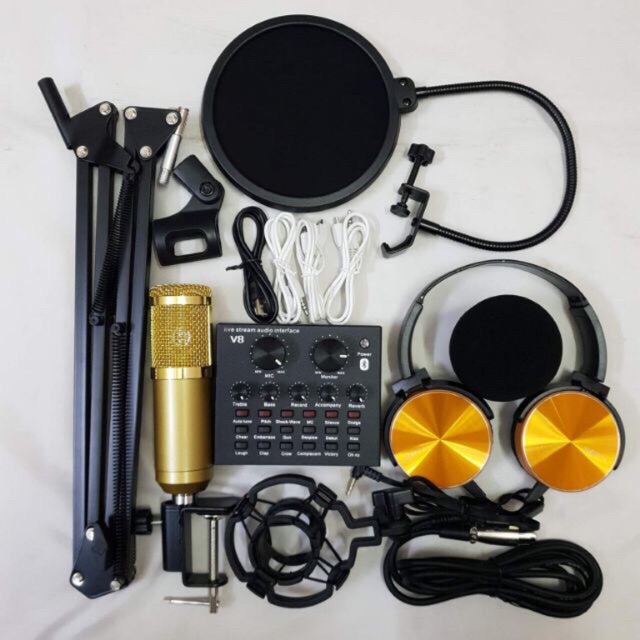 COMBO THU ÂM LIVESTREAM MÍC BM800 SOUND CARD V8 CHÂN KẸP MÀNG LỌC TẶNG KÈM TAI NGHE 450 BH 6 THÁNG Đ