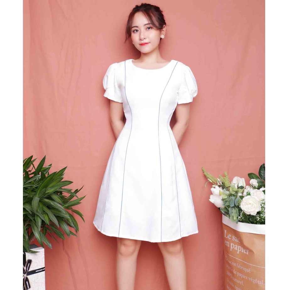 Đầm trắng công sở đẹp thiết kế chữ a tay ngắn thời trang trẻ trung eo tôn dáng hợp đi làm đi chơi – Thời trang Lux W