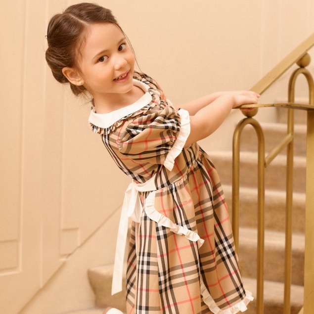 Váy cộc tay thô đũi thiết kế 137Kids cổ nơ bèo dễ thương kẻ alice cho bé gái đi chơi, đi dự tiệc