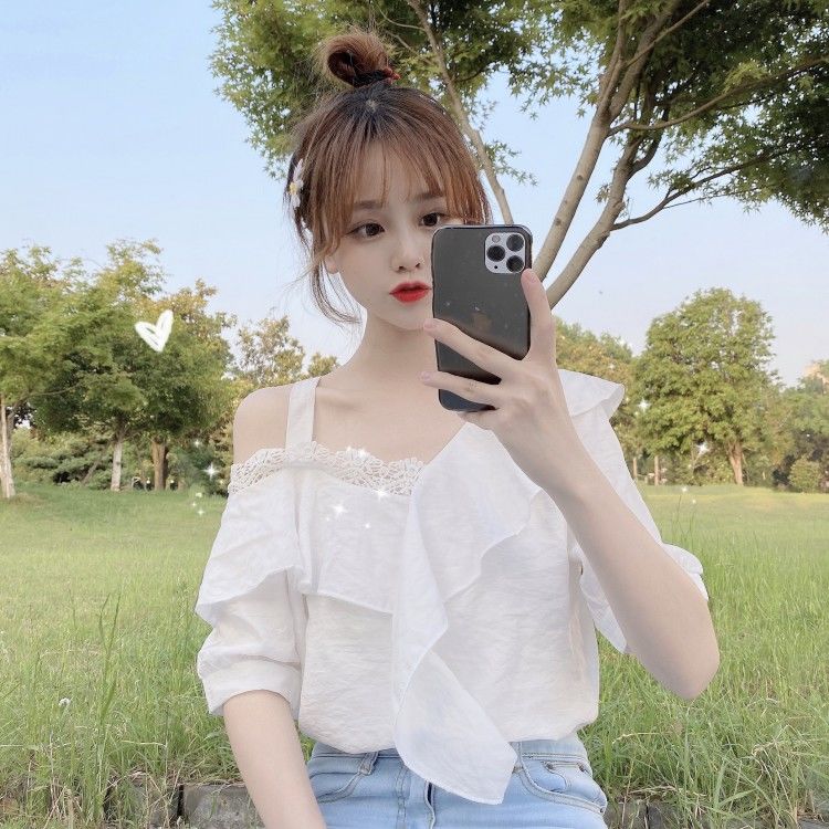 Áo Kiểu Vải Voan Trễ Vai Tay Ngắn Thiết Kế Dáng Rộng Thoải Mái