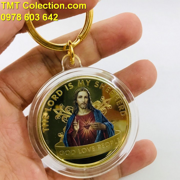 Móc Khóa Xu Thánh Tâm Chúa Giêsu Kitô In Màu Dùng để mang theo trong người, Chất liệu Nhựa acrylic, Niken - SP005206