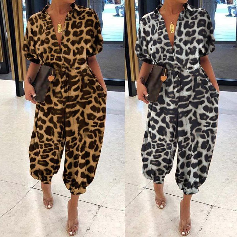 Bộ Áo Liền Quần Tay Ngắn Cổ Chữ V Cài Nút Trước Phối Quần Dài In Họa Tiết Da Báo Thời Trang Cho Nữ