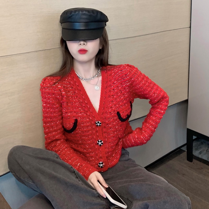 Áo Khoác Cardigan Len Đỏ Túi Hộp LSEOUL K0301 Chất Dày Dặn Cá Tính