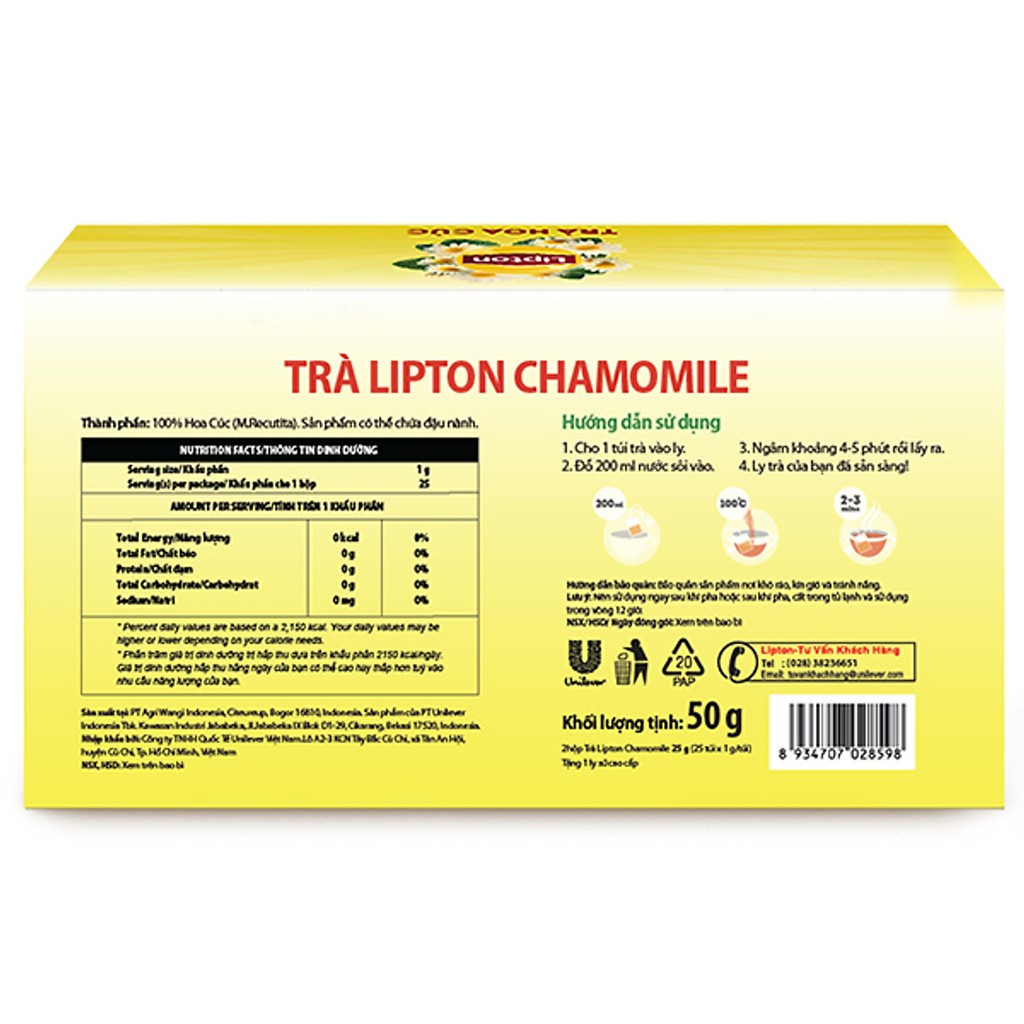 Hộp Trà Lipton Vị Hoa Cúc 50g - Tặng Ly Sứ