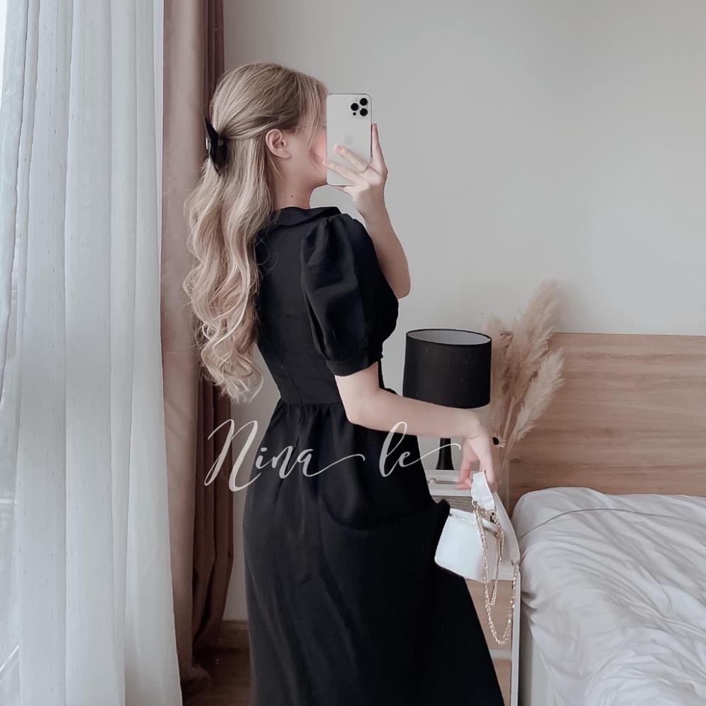 Đầm Váy Nữ Xoè Cổ Bẻ Viền Nút Tay Phồng Tiểu Thư