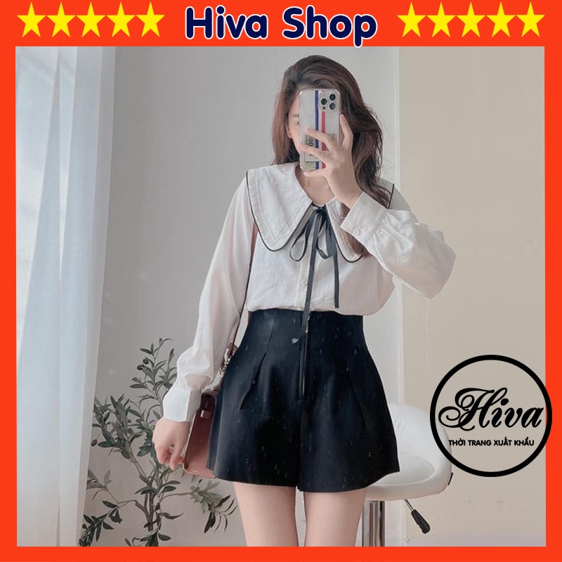 Áo sơ mi cổ viền nơ đen chất đũi xước có 2 màu ảnh thật