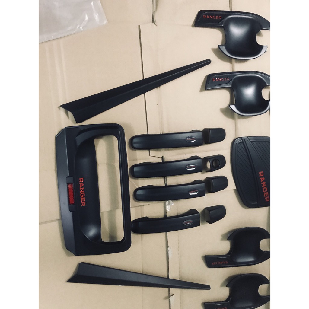 Bộ ốp tay cửa + hõm cửa + Hõm cốp + nắp xăng Nhựa đen cao cấp cho Ford Ranger form 2013-2021