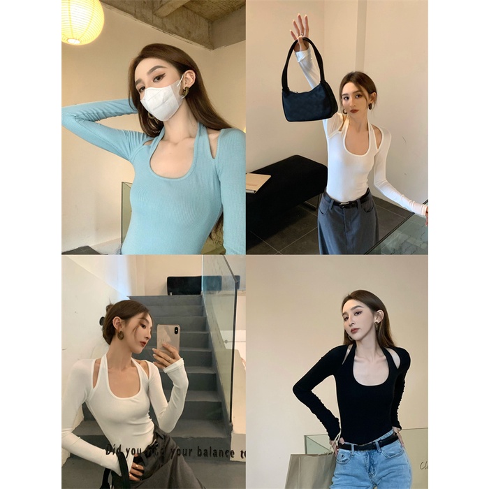 (HÀNG SẴN) Áo thun dài tay mùa thu ôm body cổ yếm hở khoét vai gợi cảm cá tính style Hot 2022 (hàng loại 1)