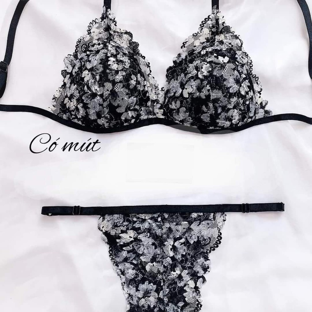 Bộ đồ lót ren đen hoa trắng sexy 👙 FREESHIP 👙 Bralette ren thiết kế cao cấp đen trắng có mút mềm mỏng, cực quyến rũ