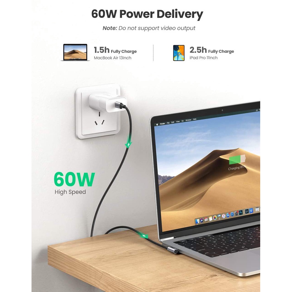 Cáp sạc và truyền dữ liệu 2 cổng USB type C, bẻ góc 90 độ, sạc nhanh PD 60W, dòng 3A dài 0.5-2m UGREEN US255