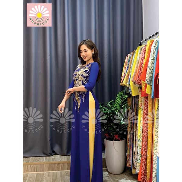 Áo dài mẹ -bà sui ,màu xanh cô ban, thêu tay thủ công, đính hạt pha lê cao cấp - M05