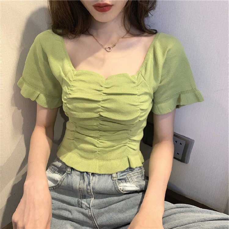 [Mã FAMAYWA giảm 10K đơn 50K] Áo Cổ Vuông ngắn tay peplum ulzzang chất len tăm phong cách Hàn Quốc C45 - Maoshop | BigBuy360 - bigbuy360.vn