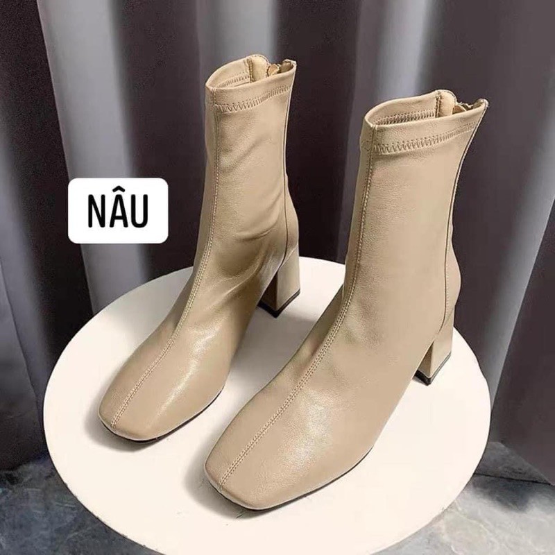 Giày bốt boot da nữ cao cổ đế vuông cao 5cm, khoá kéo, đường chỉ thẳng