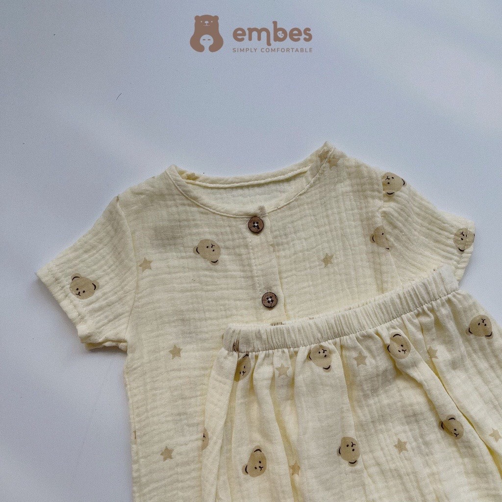 Bộ quần áo vải đũi hình gấu cho bé