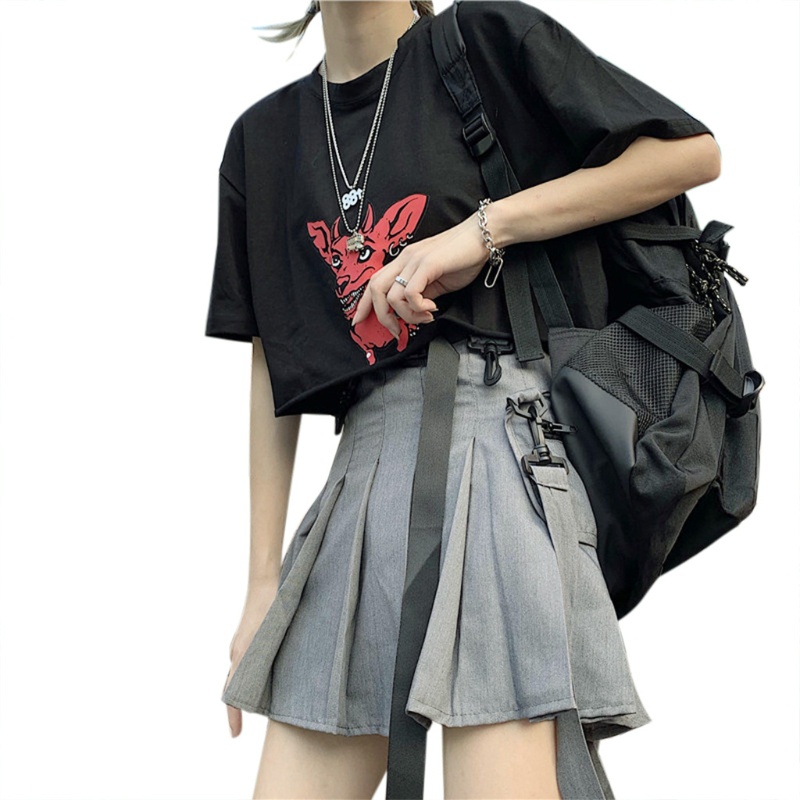 Chân Váy Chữ A Mini Lưng Cao Màu Trơn Phối Khóa Kéo Phong Cách Harajuku