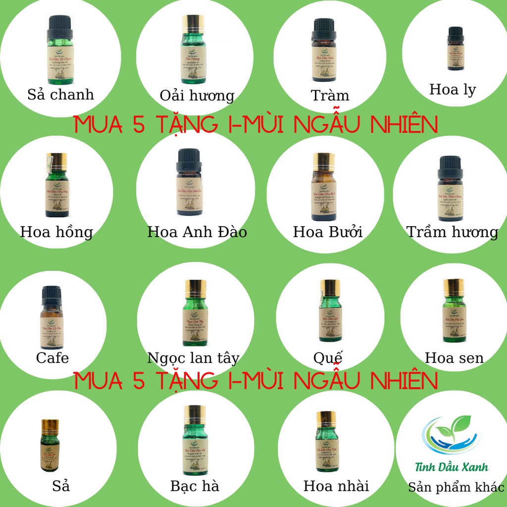 [Mu 5 Tặng 1 ]Tinh Dầu Thiên Nhiên dùng cho máy xông,massage Nguyên Chất Tinh Dầu Xanh lọ 10ml