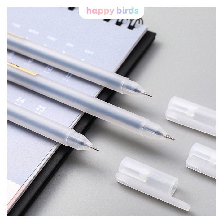 Bút gel 0.5 mm set 6 bút vỏ nhám trơn bút bi nước mực đen hai màu vỏ đen trắng bút viết ruột trơn mau khô HappyBirds
