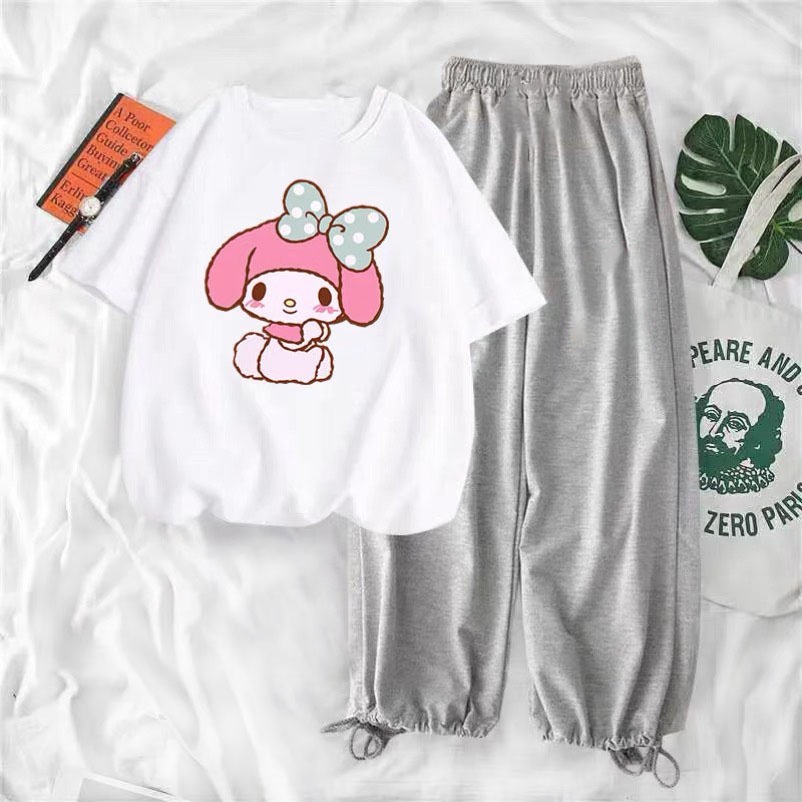 Sét Áo Thỏ hồng + quần bom chun, Áo thun from rộng, Chất đẹp không xù, quần suông ống rộng, Sét bộ mặc ở nhà - MODY