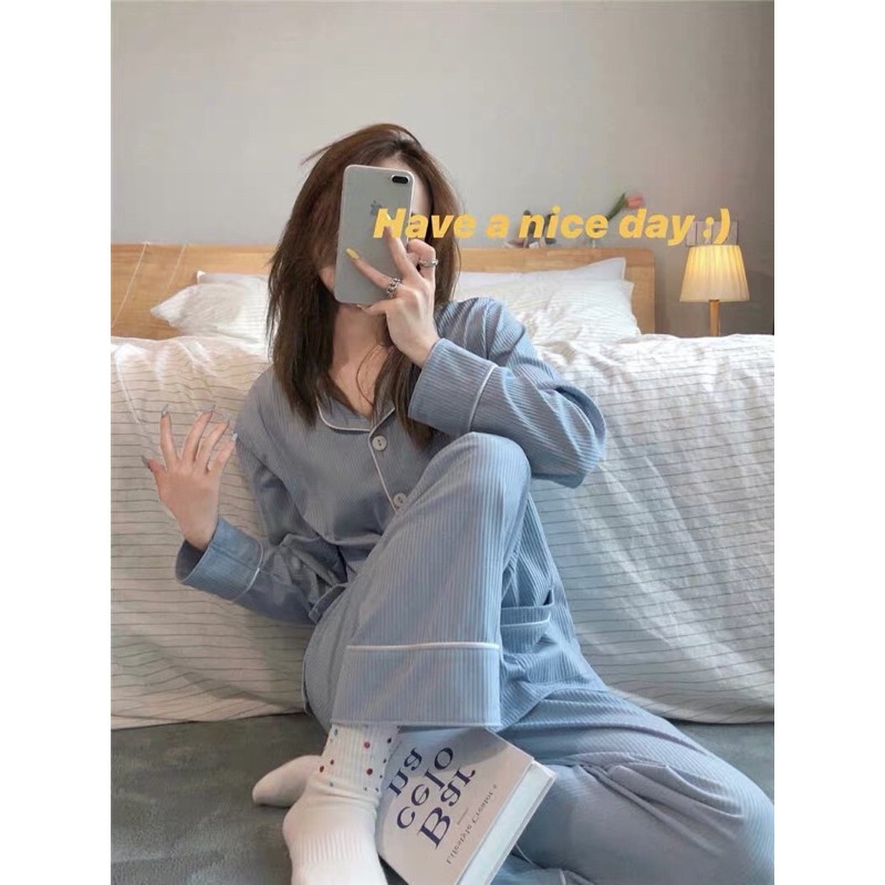 Bộ ngủ dài kẻ xanh( có ảnh thật)