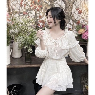 Set áo trắng viền bèo thắt nơ + chân váy tầng